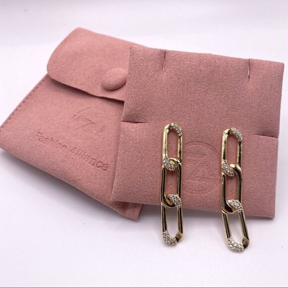 Brand New Gold Chain Link, Pave Detail Stud Dangle Earrings - Picture 7 of 8